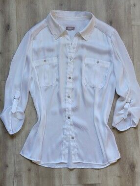 Chico's White Semi Sheer Swiss Dot Utility Button Down Top Roll Tab Sleeves